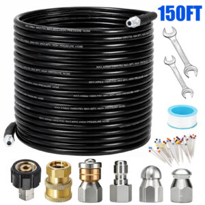 150FT Sewer Jetter Kit for Pressure Washer, 5800 PSI Drain Cleaning Hose with Corner Rotating Button Nose Nozzle, Sewer Jetting Nozzle Set, 1/4″ NPT Fittings, Tape, Spanners & Cleaning Pin