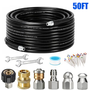 50FT Sewer Jetter Kit for Pressure Washer, 5800 PSI Drain Cleaning Hose with Pressure Washer Gun, Rotating, Button & Corner Sewer Nozzles, 1/4" NPT Fittings, Tape & Spanner