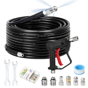 Pressure Washer Sewer Jetter Kit – High Pressure Drain Cleaner Hose with Short Gun, 1/4" NPT Fitting, Rotating & Button Nose Nozzles