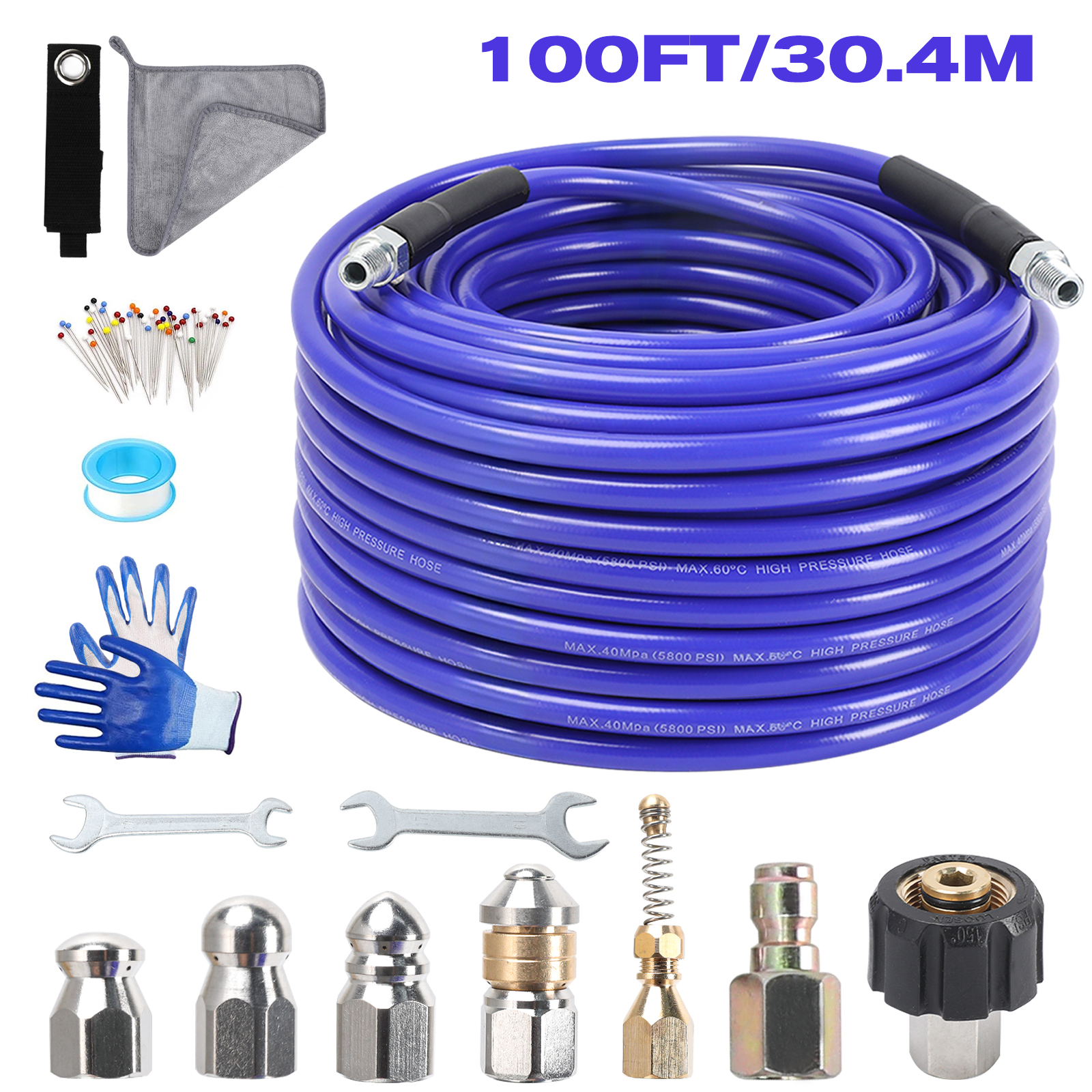 1-3 Sewer Jetter Kit for Pressure Washer, 5800 PSI Drain Cleaning Hose with 1/4" NPT Corner, Rotating & Button Nozzles - Image 1