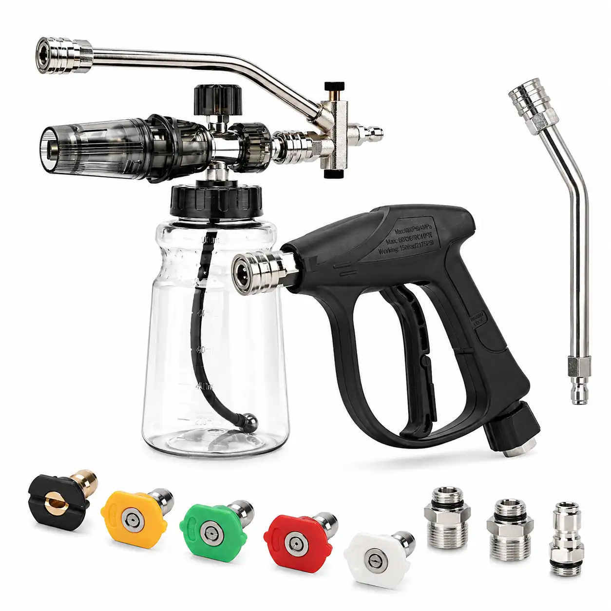 ceb73df7-4ff2-4531-87f3-56d32182bdda (1) Foam Cannon Kit for Pressure Washer, Dual Connector Snow Foam Gun with Spray Gun, 5 Nozzle Tips, Curved Rods, 3/8" Swivel Quick Connect, M22-14mm & M22-15mm Adapters - Image 1