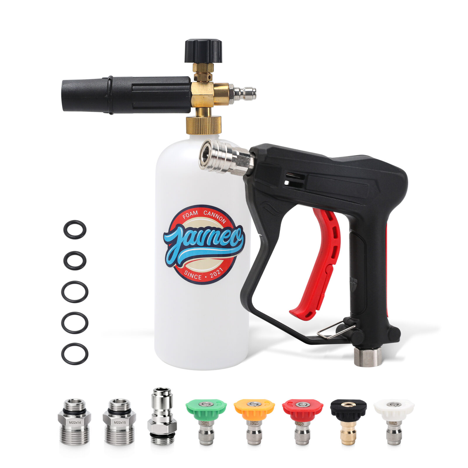 主图_1 Short Pressure Washer Gun with Foam Cannon, 1L Foam Bottle, 1/4" Quick Connect, 3/8" Inlet, M22-14mm and M22-15mm Fittings, 5 Spray Nozzle Tips, Car Wash Cleaning Kit - Image 1