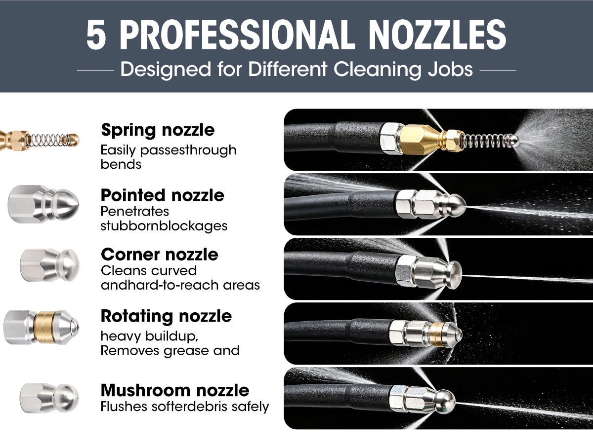 Five sewer jetter nozzles explained